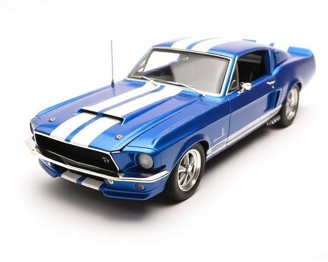 1967 Ford Mustang Shelby GT500 diecast model in blue with white stripes